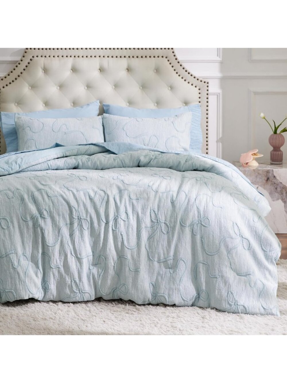 Dusty Blue Bow Comforter Set - 3 Piece Queen Bedding, Soft & Cozy Home Decor